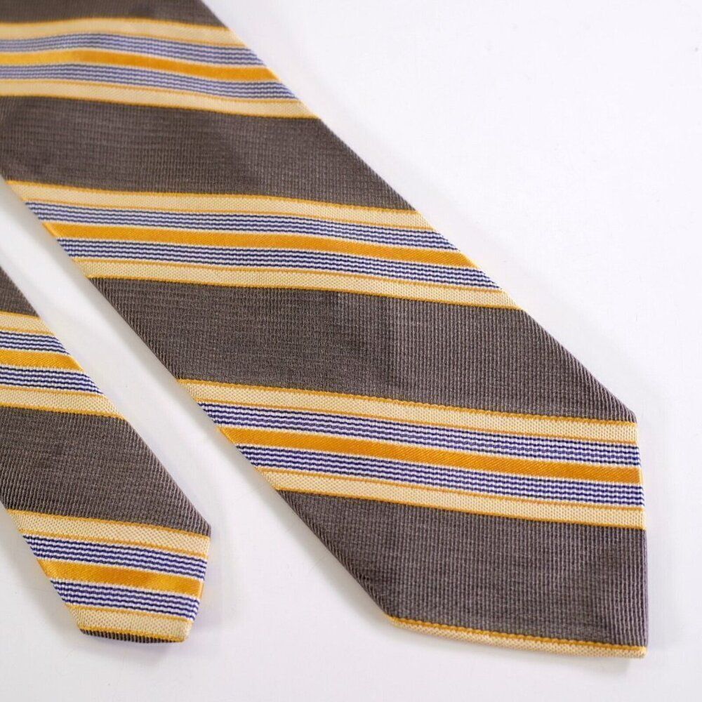 Paul Fredrick Gray Yellow Blue Striped Woven Cotton Silk Tie